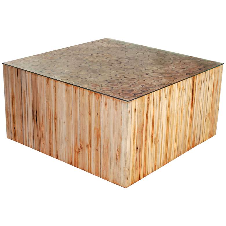 Image 1 Zuo Cave Tempered Glass Top Natural Wax Wood Coffee Table