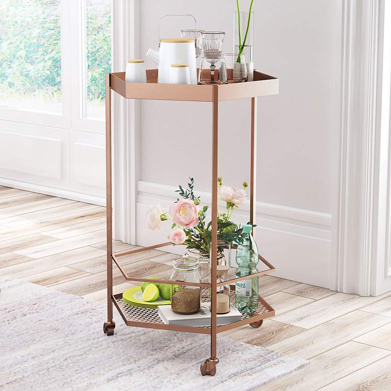 Image 1 Zuo Hex 18 1/4" Wide Gold Metal Wheeled Bar Cart