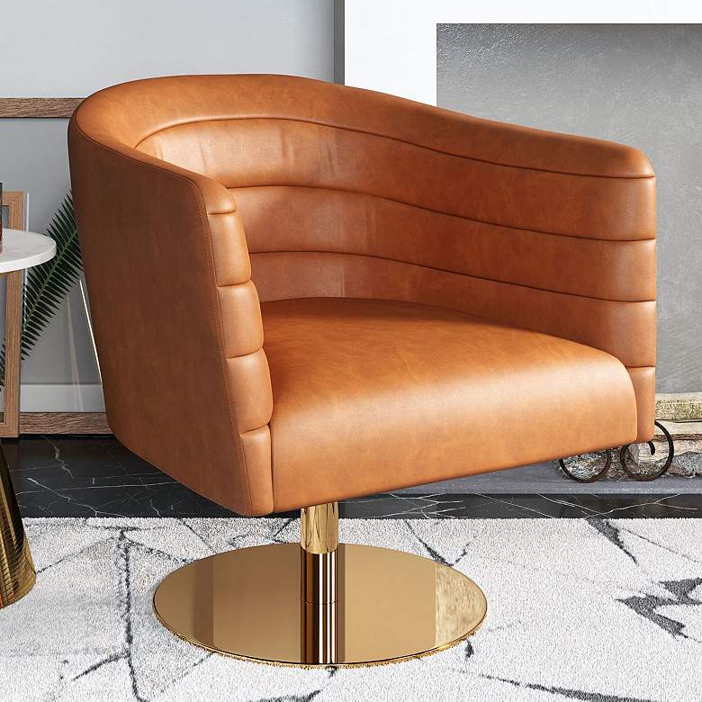 Image 1 Zuo Justin Brown Faux Leather Tufted Swivel Accent Chair