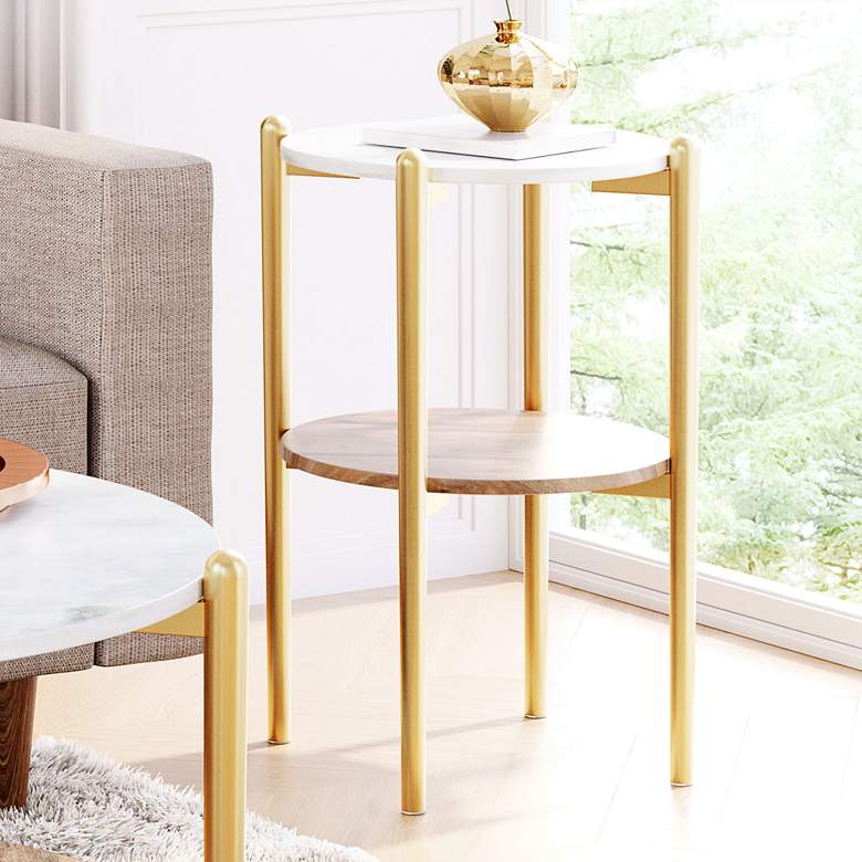 Zuo Mina 18&quot; Wide White Marble Gold Metal 1-Shelf Side Table