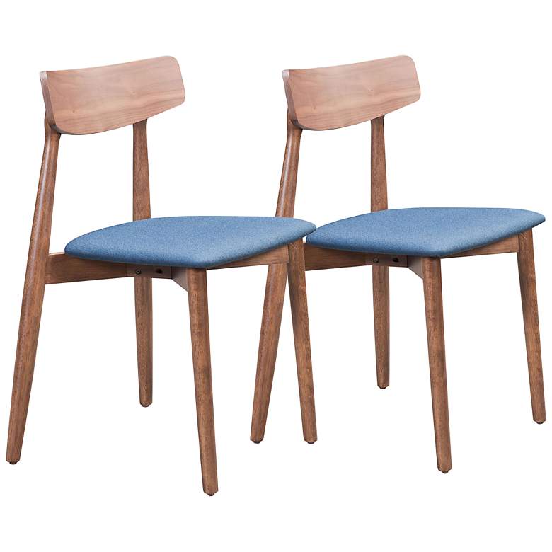 Image 1 Zuo Newman Blue Fabric and Walnut Dining Chairs Set of 2