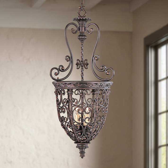 Three Light Iron Foyer Chandelier, Large French Iron Chandeliers
