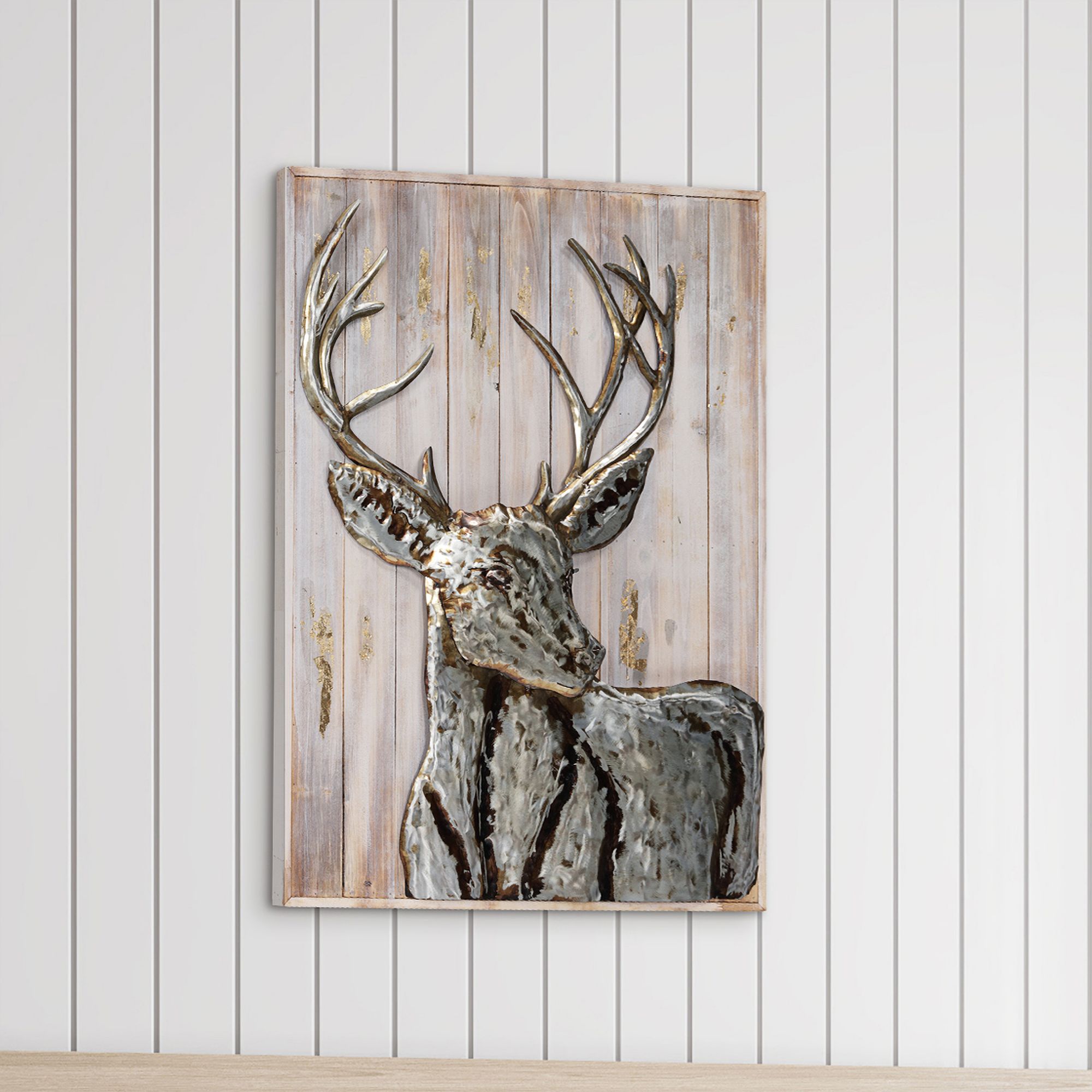 Deer 1 40" High Iron Wall Sculpture on Wooden Art