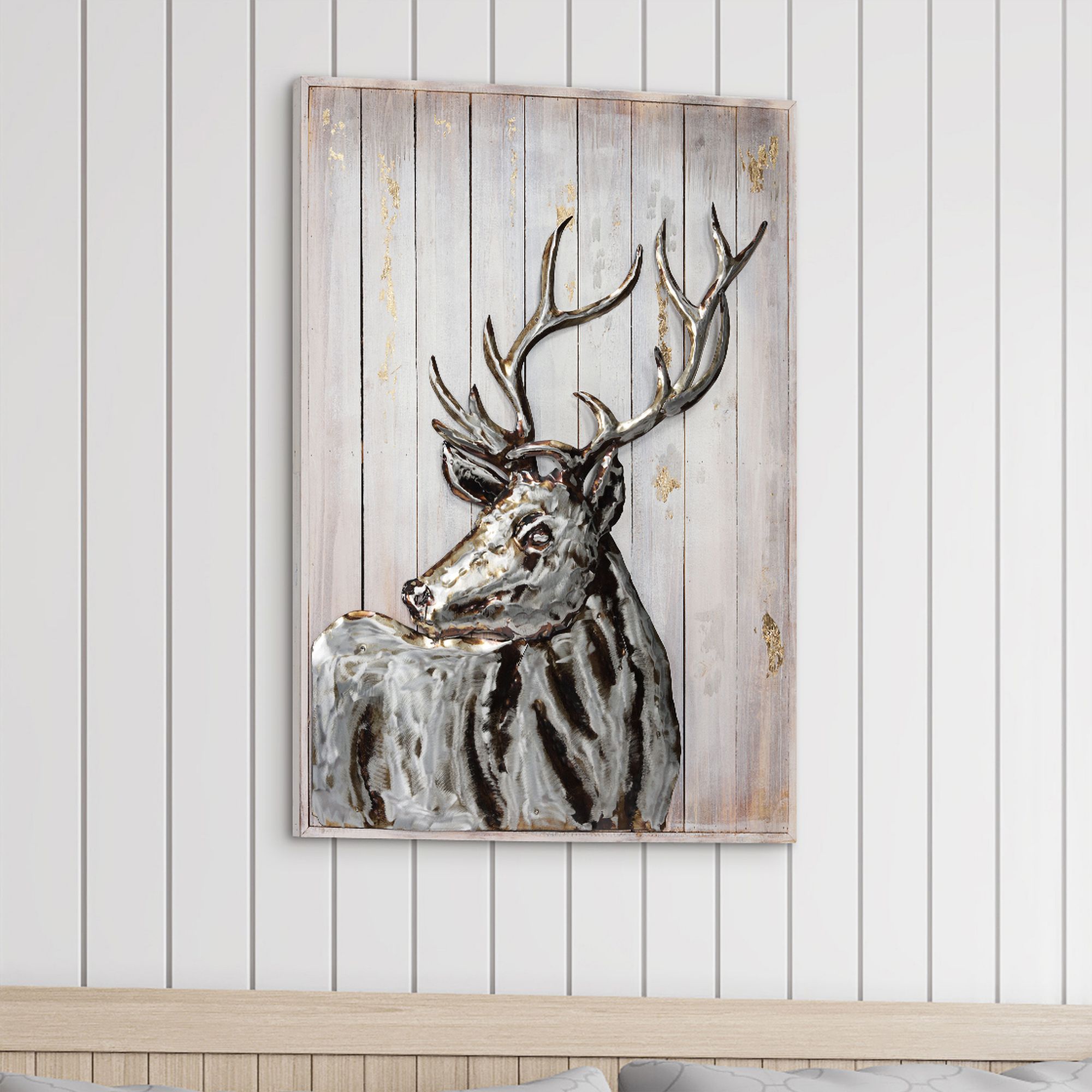 Deer 2 40" High Iron Wall Sculpture on Wooden Art