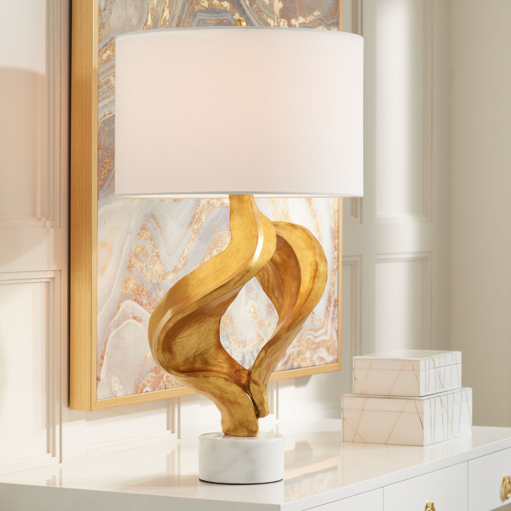 Possini Euro Hera Gold Leaf and Marble Modern Table Lamp