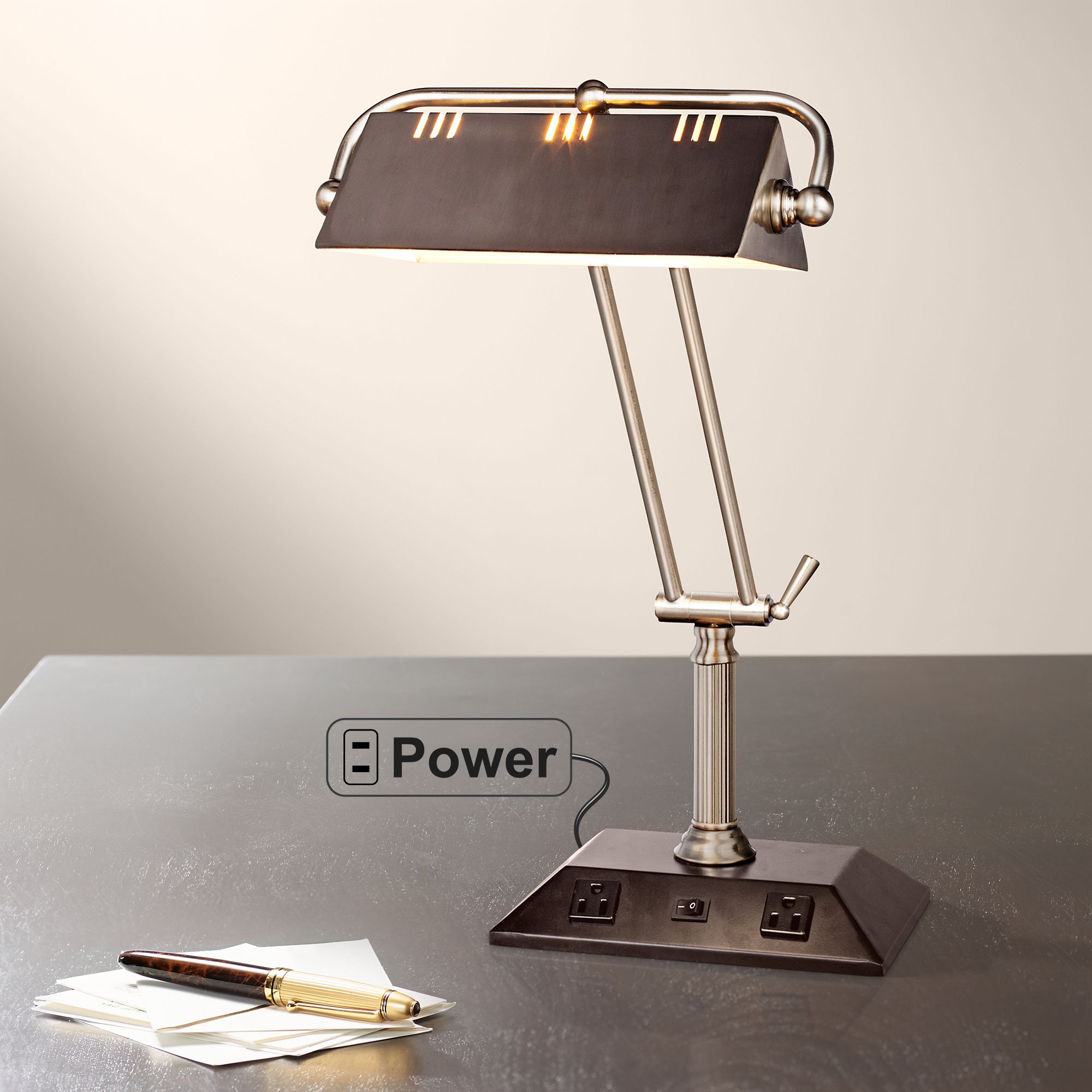 Market Brushed Steel Adjustable Tech Desk Lamp with Outlets