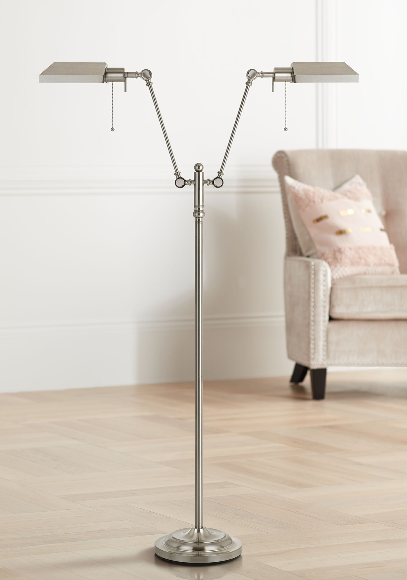 Honus Brushed Steel Dual Flat-Head Pharmacy Floor Lamp