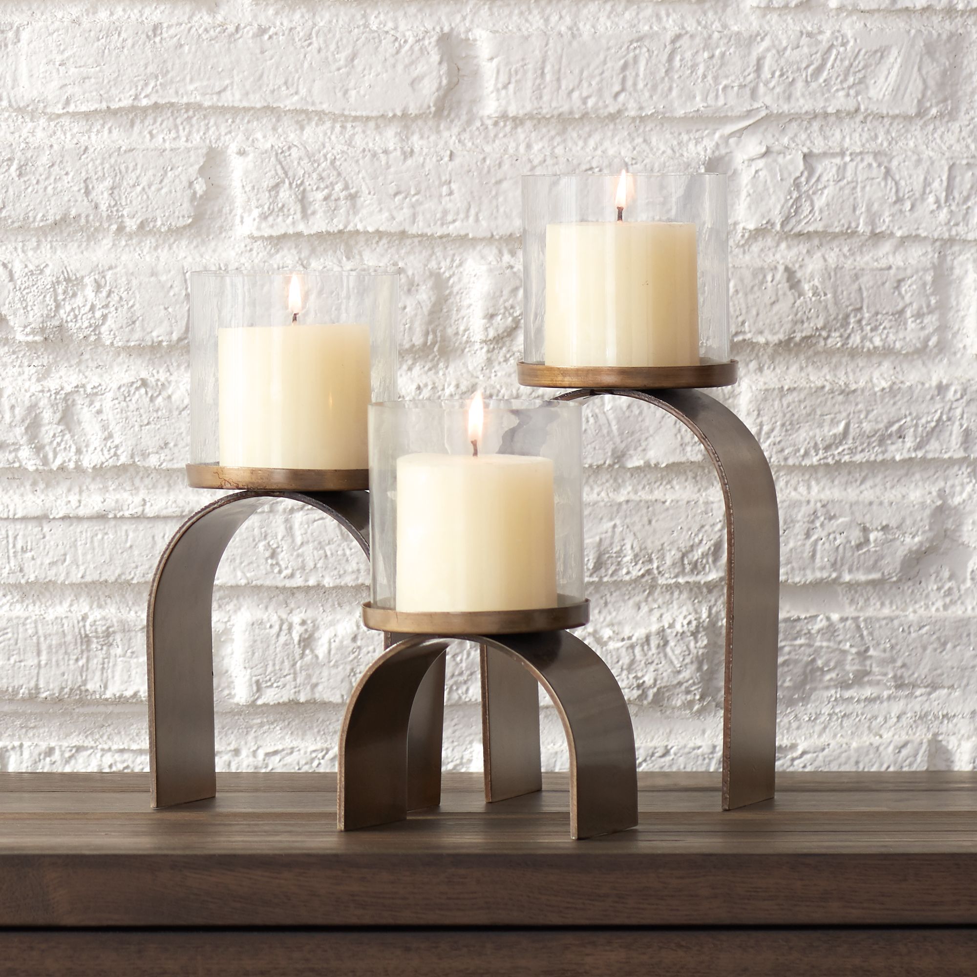 Arch Antique Brass Clear 3-Piece Pillar Candle Holders Set
