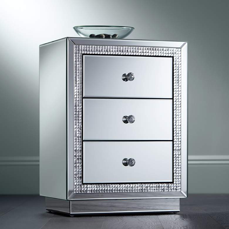 Image 1 Biscaya 19" Wide 3-Drawer Beaded Mirrored Side Table