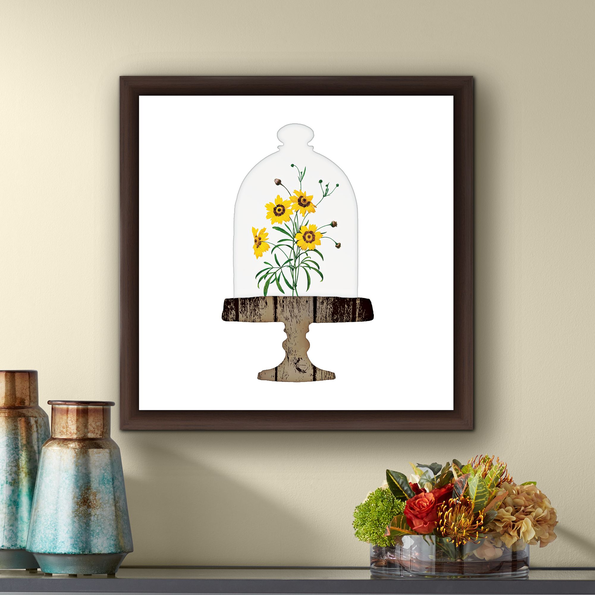 Floral Bell Jar I 18" Square Framed Giclee Wall Art