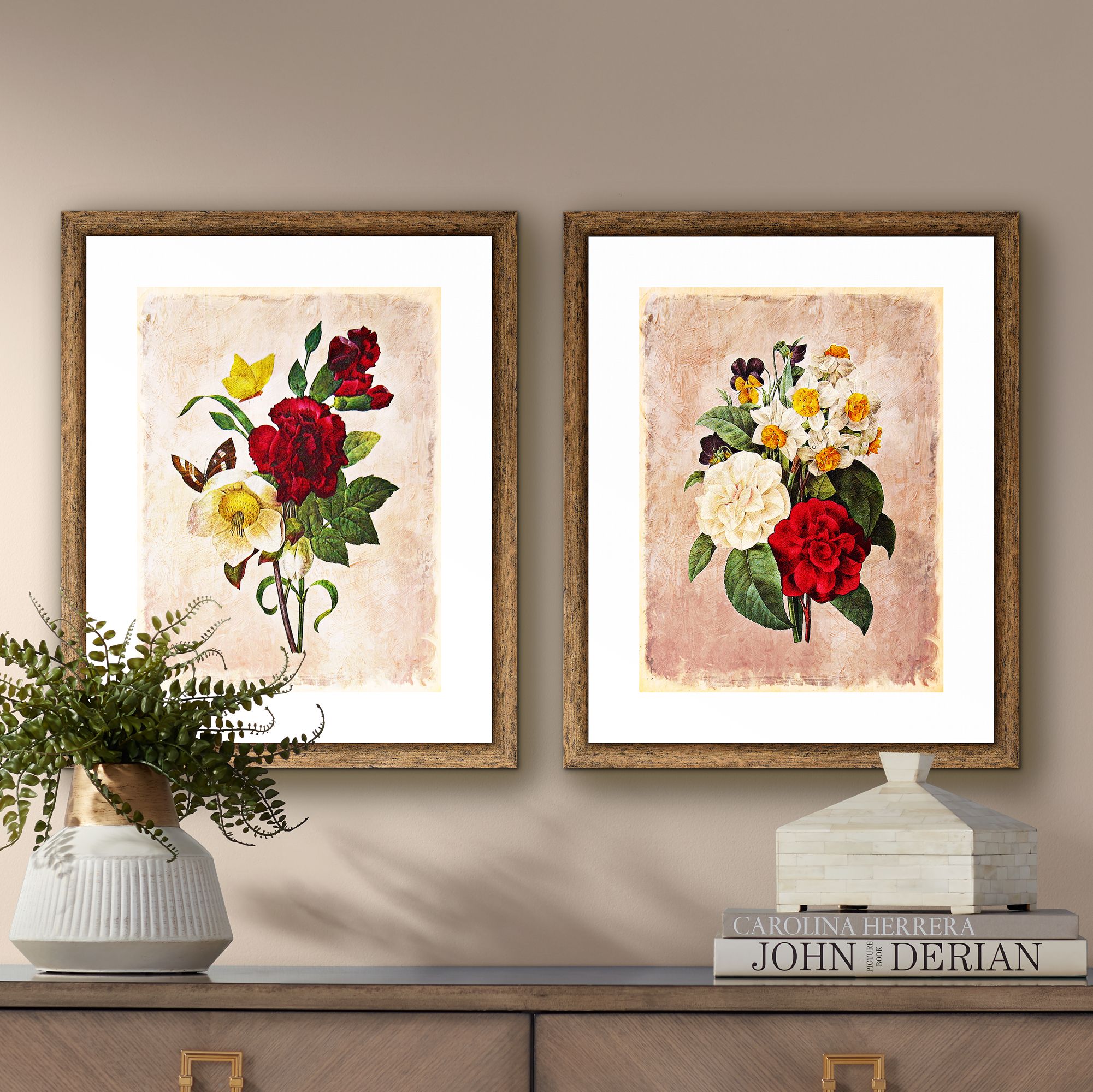Vintage Bouquet 22" High 2-Piece Framed Giclee Wall Art Set