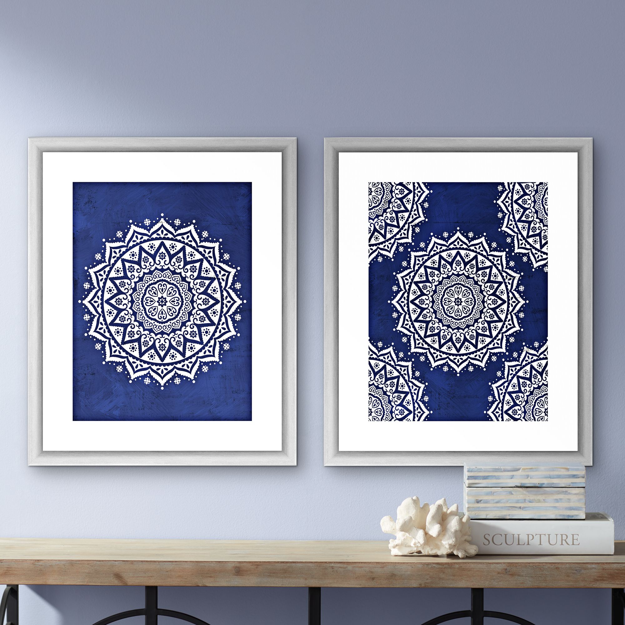 Blue Boho Pattern 22" High 2Piece Framed Giclee Wall Art Set 12P21