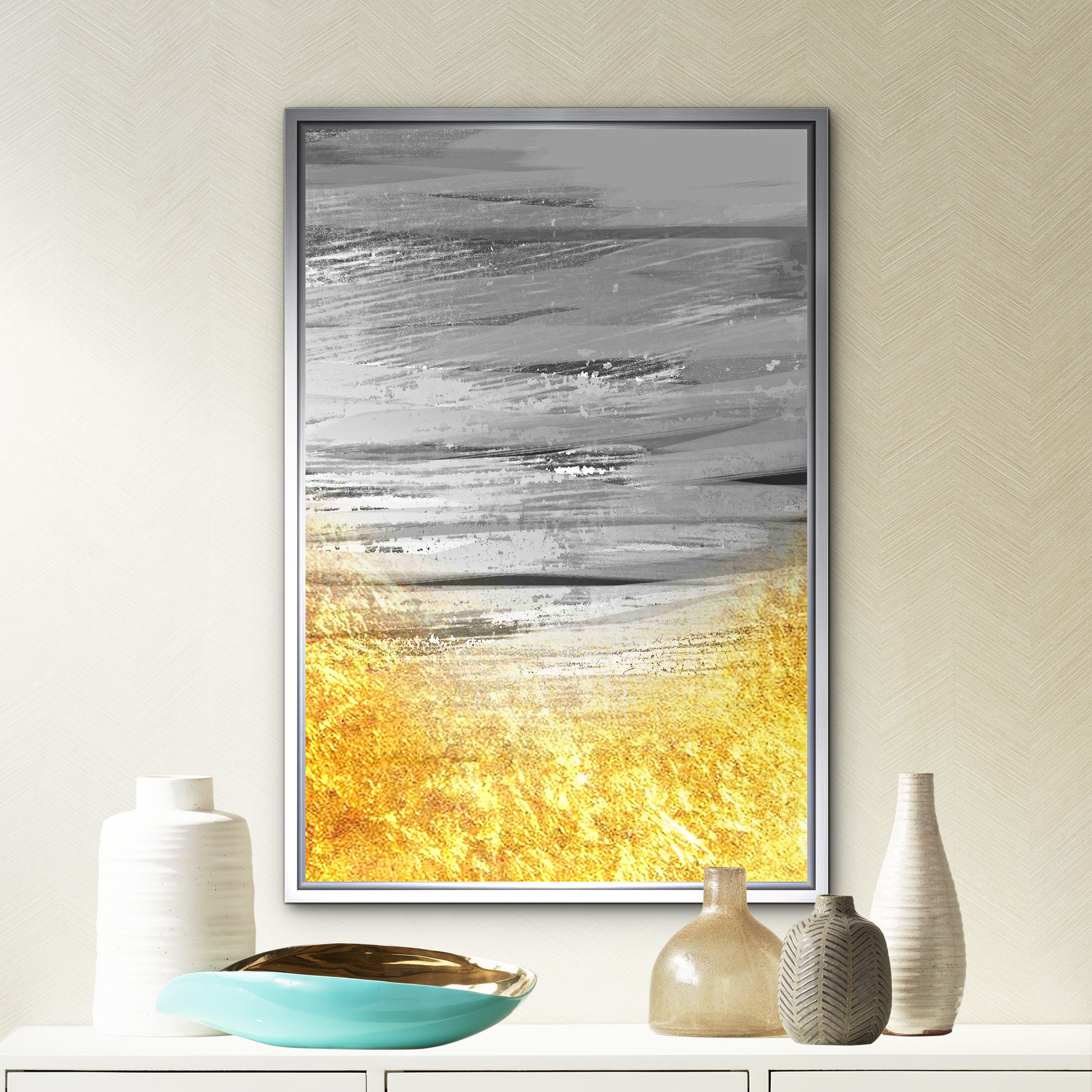 Gray and Gold Embellished 37 3/4" High Framed Canvas Wall Art 12P99