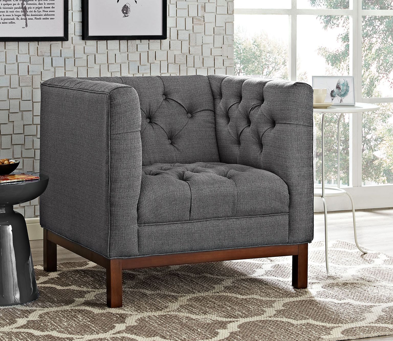 Panache Gray Fabric Tufted Armchair