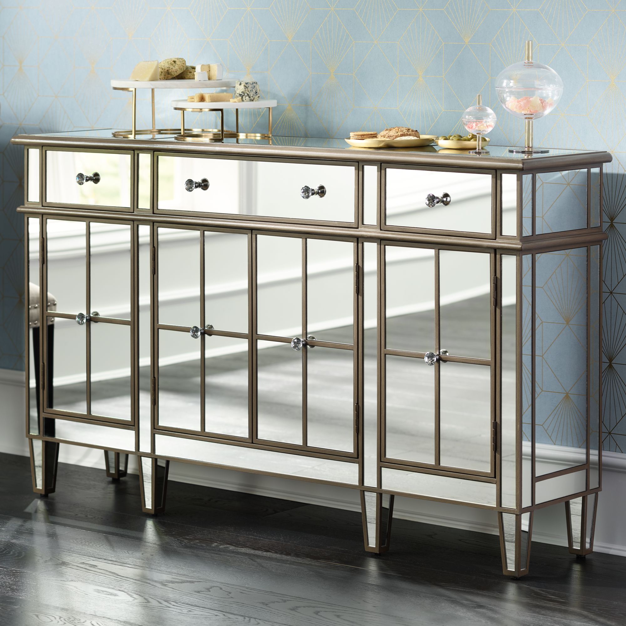 Vicenta 60" Wide 3-Drawer 4-Door Mirrored Console Chest
