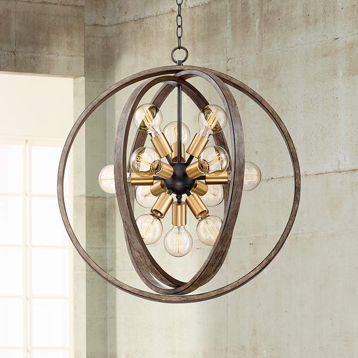 Stedman 25 Wide 12 Light Gold And Wood, Iron And Wood Orb Chandelier