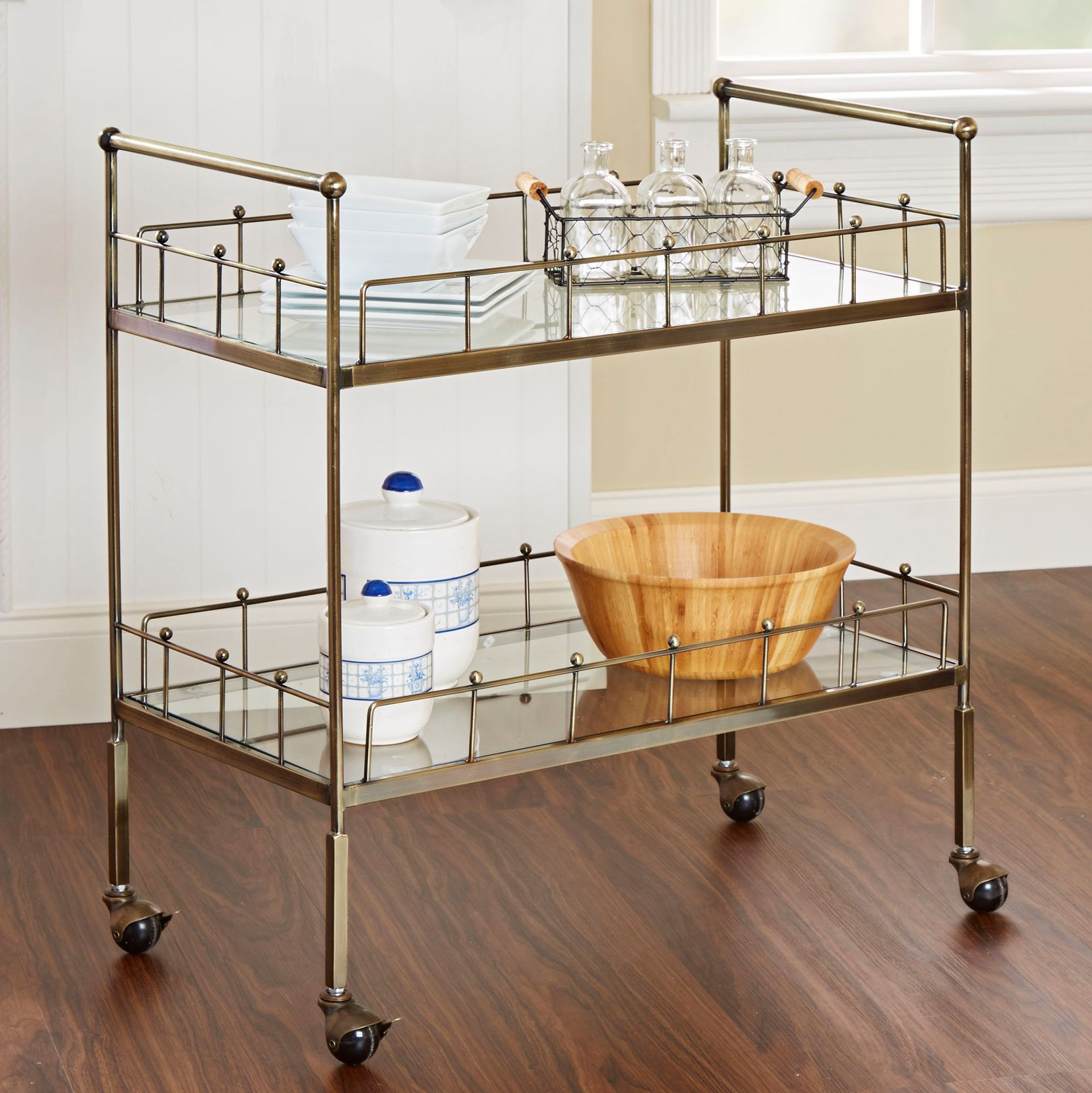 Fitz 30" Wide 2-Tier Antique Gold and Glass Serving Cart