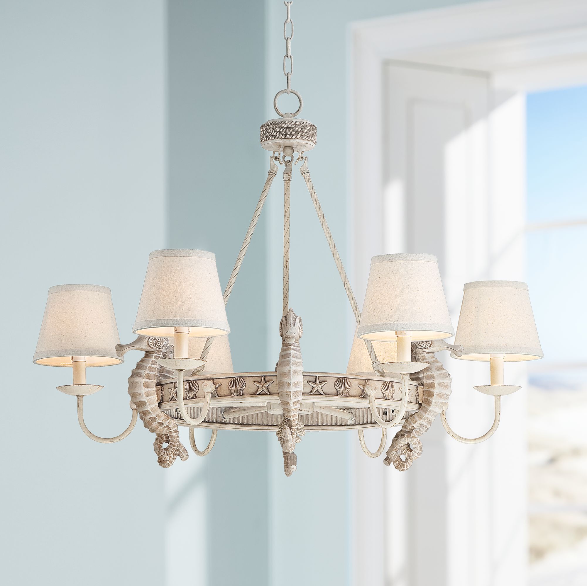 Seahorse 34" Wide Antique Cottage 6-Light Chandelier