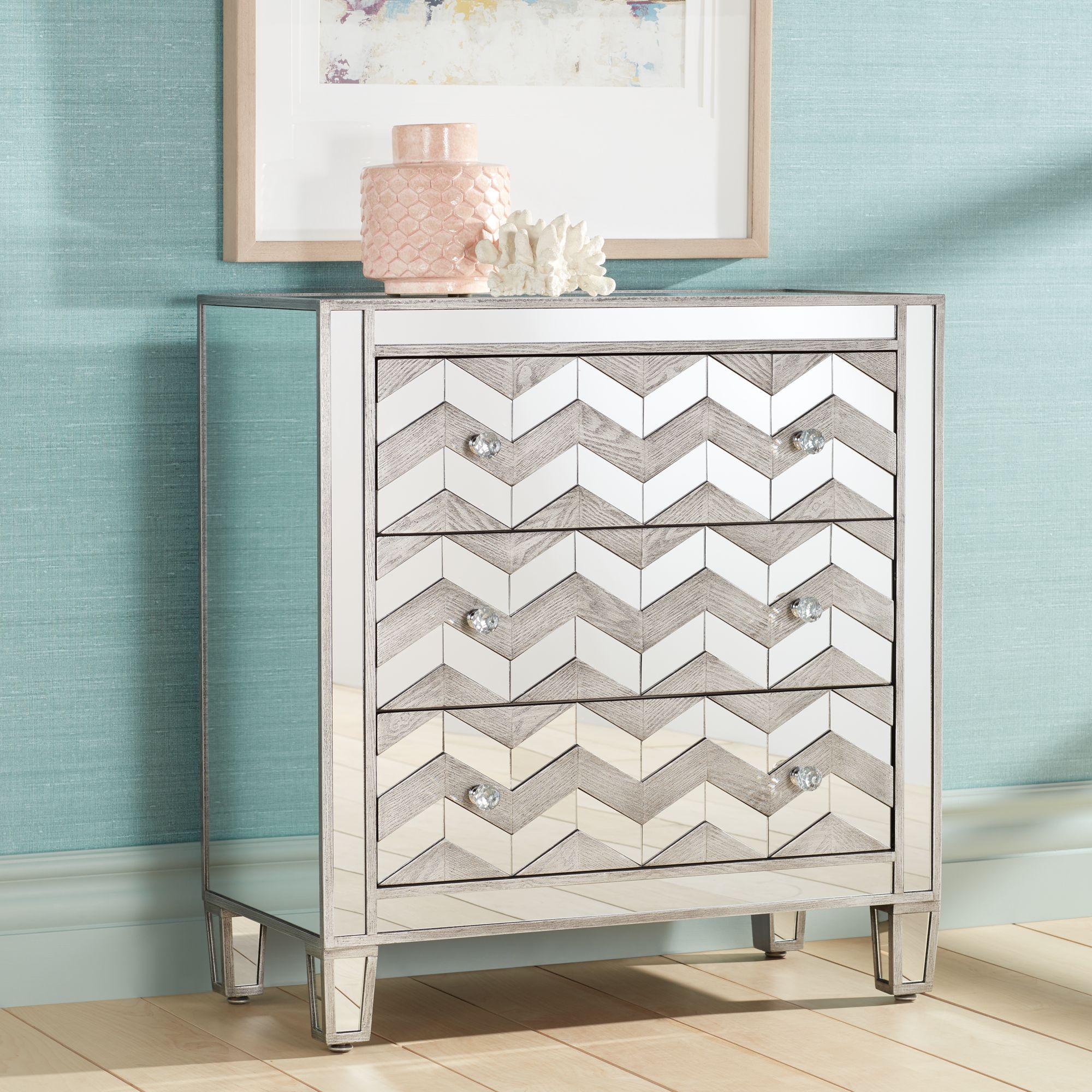 Derrick 32" Wide 3-Drawer Chevron Mirror Accent Cabinet