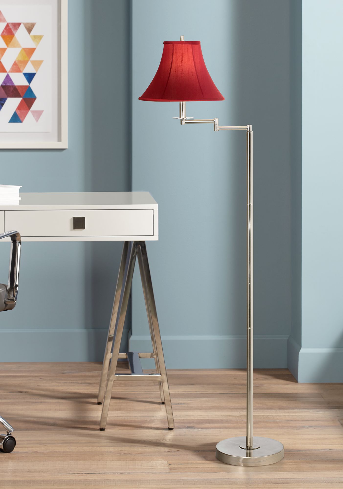 Brushed Nickel with Red Shade Swing Arm Floor Lamp