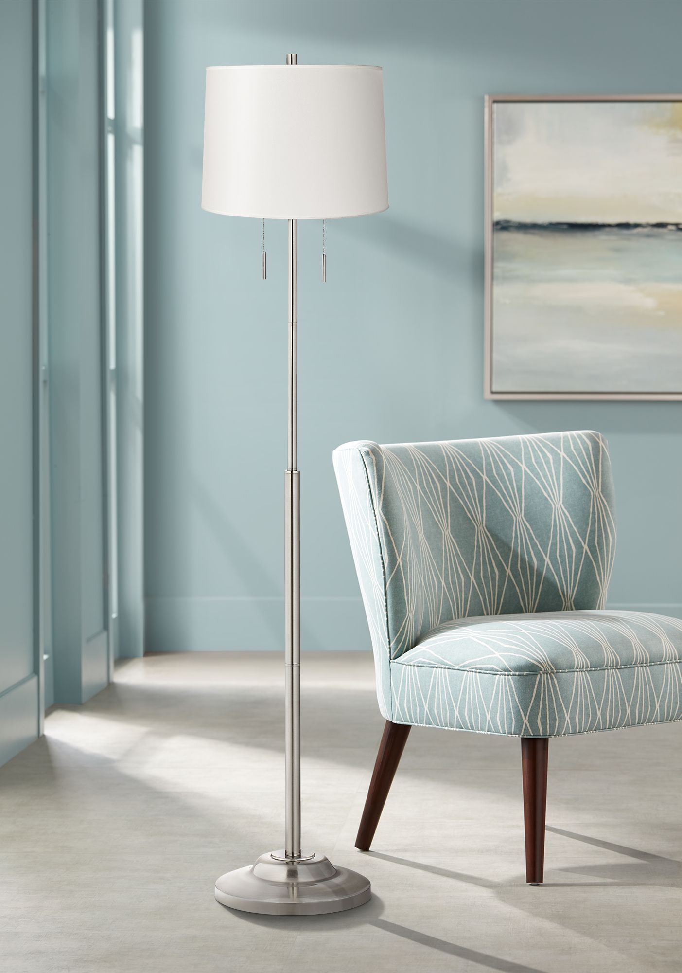 Abba White Drum Twin Pull Chain Floor Lamp