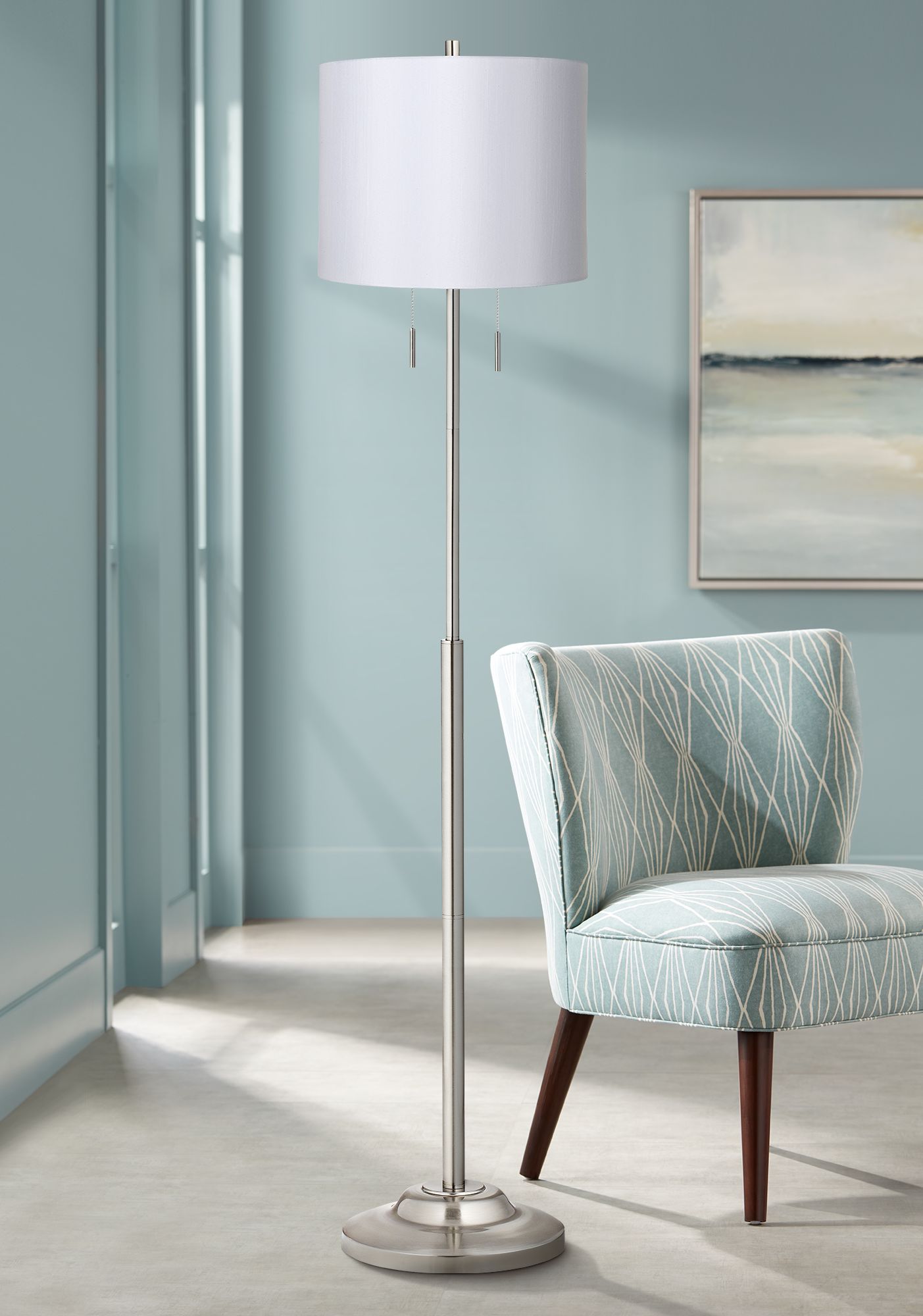 Abba White Hardback Drum Twin Pull Chain Floor Lamp