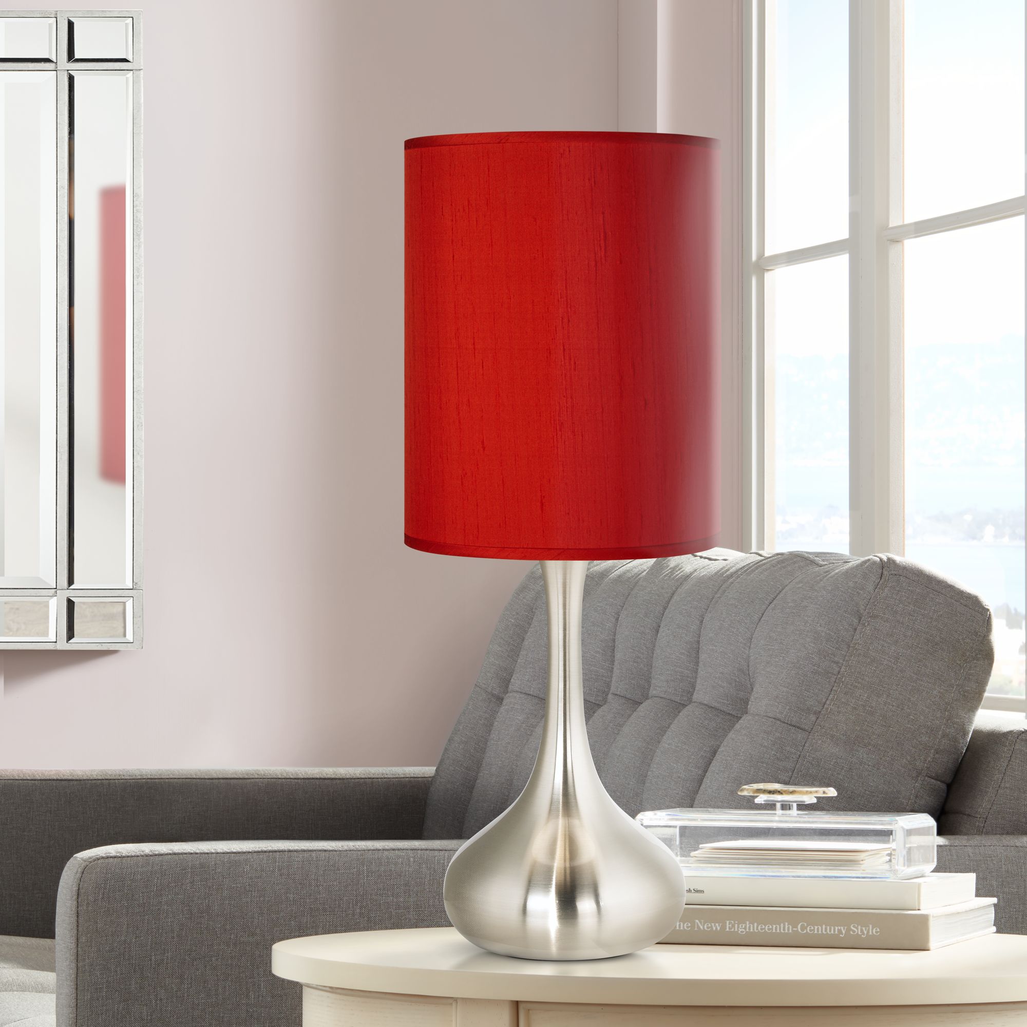 Red Textured Faux Silk Brushed Nickel Droplet Table Lamp