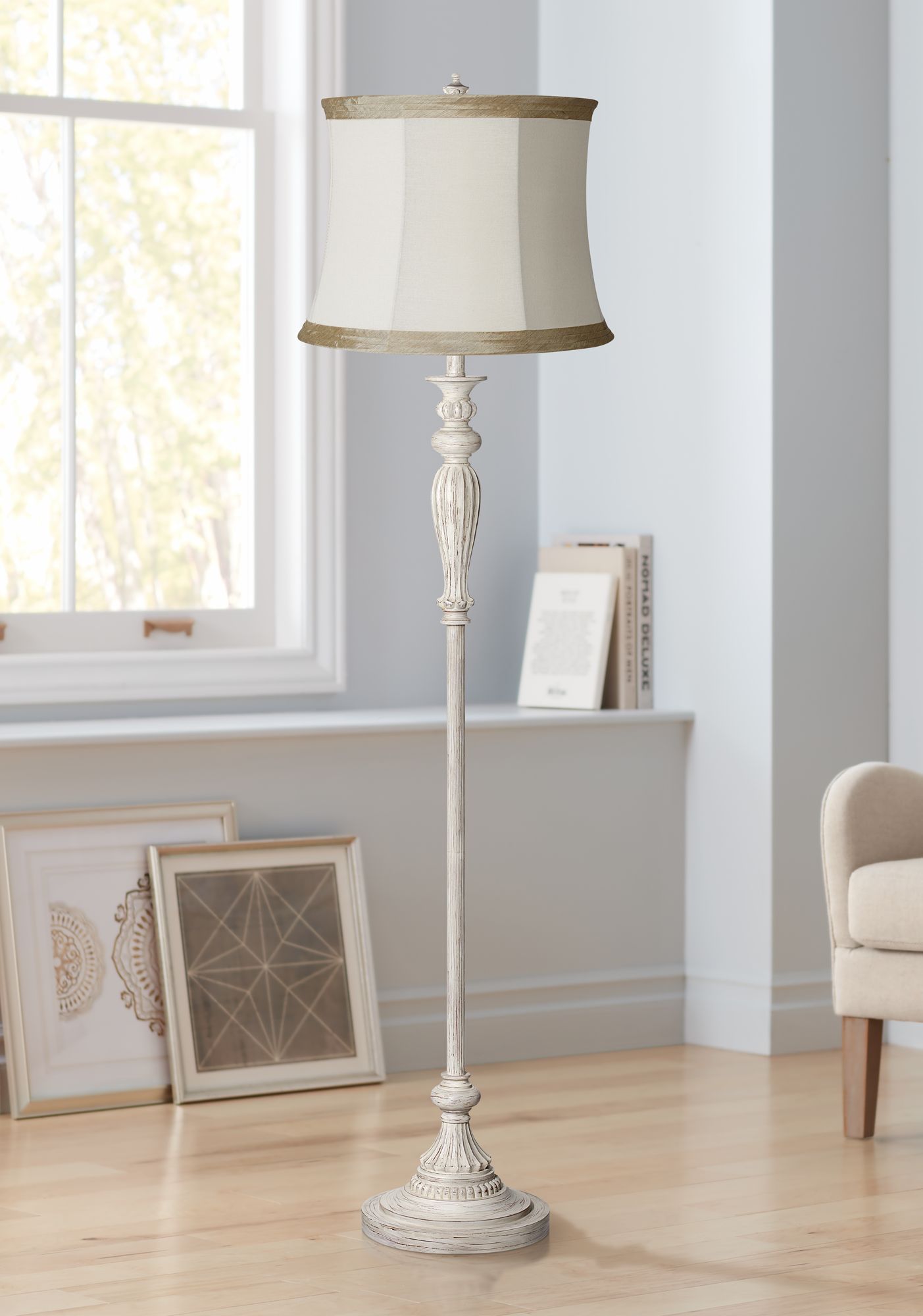 Pleated Ivory Taupe Vintage Chic Antique White Floor Lamp