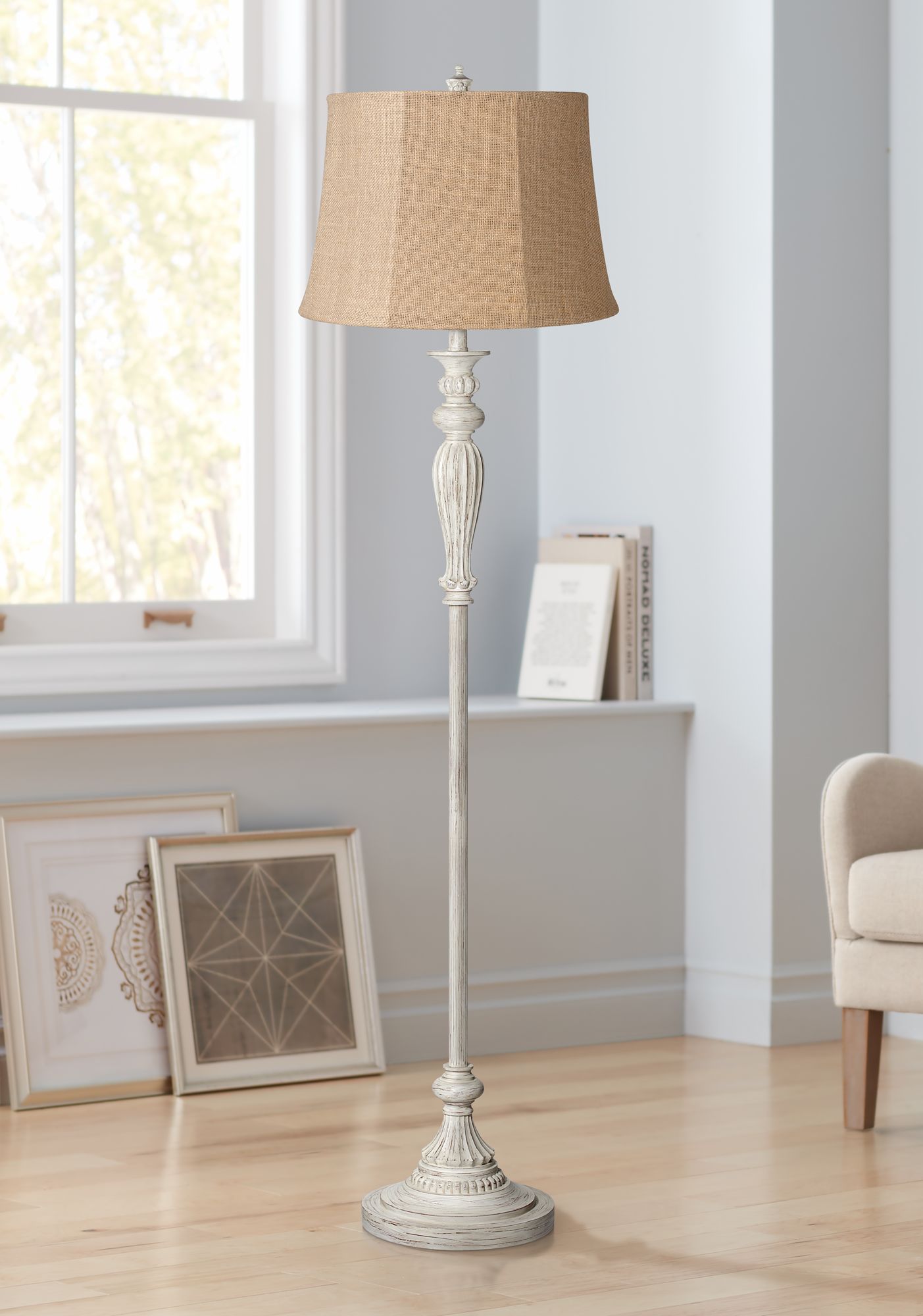 Natural Burlap Shade Vintage Chic Antique White Floor Lamp