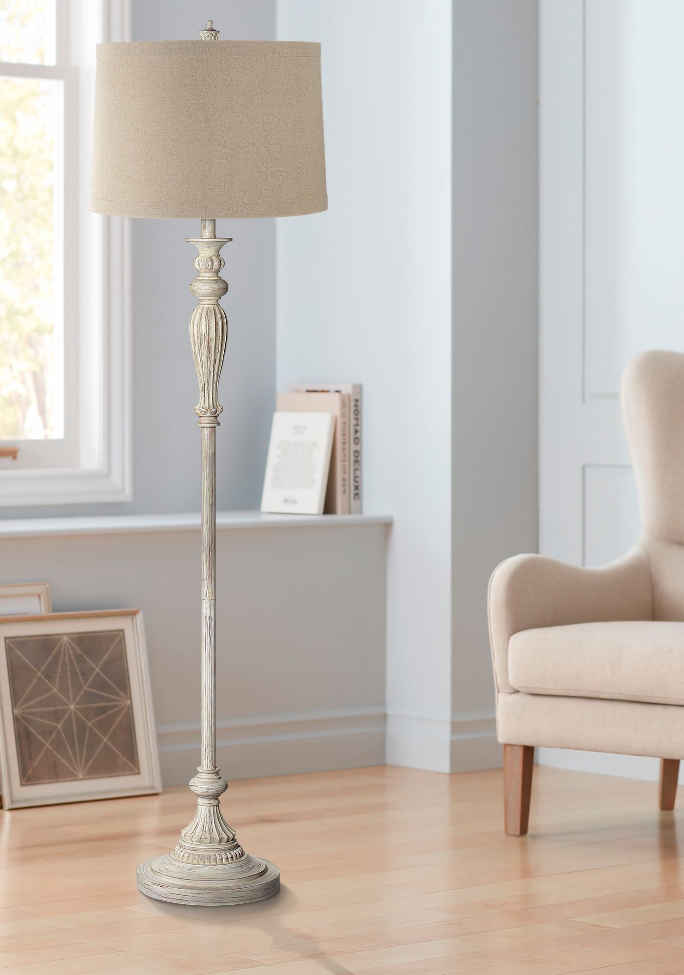 Linen Drum Shade Vintage Chic Antique White Floor Lamp