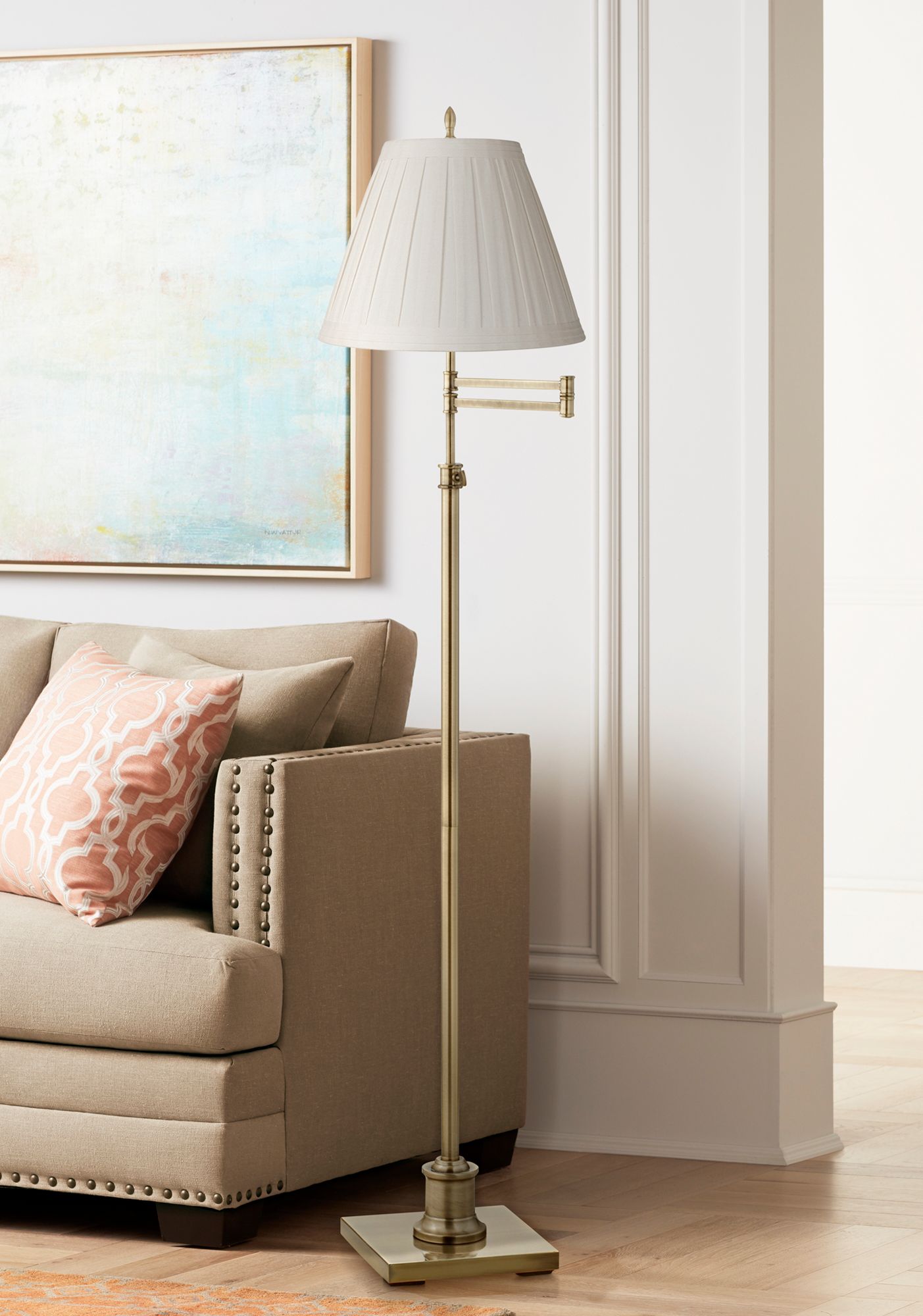 Westbury Cream Linen Shade Brass Swing Arm Floor Lamp 17N39 Lamps Plus