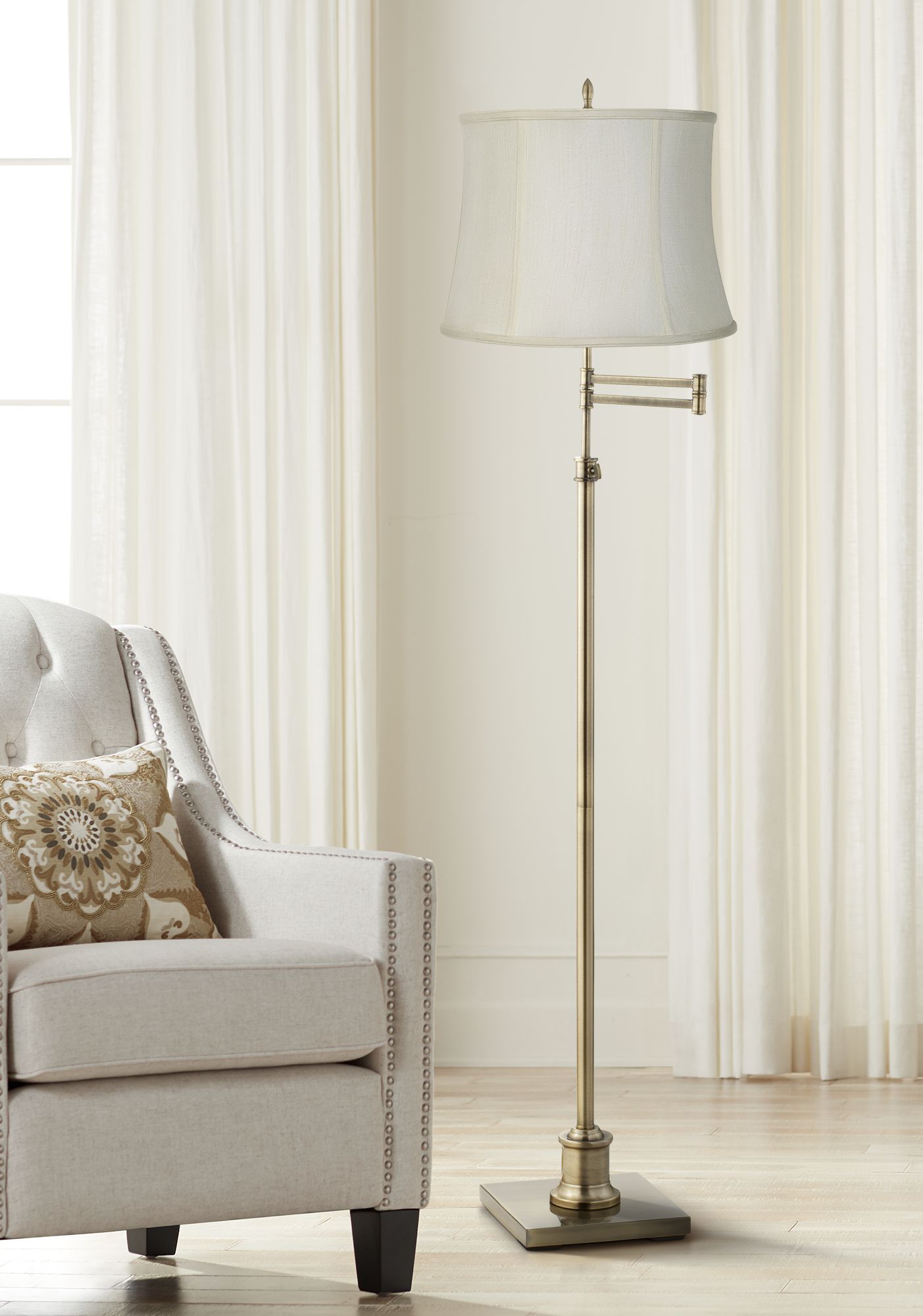 Westbury Creme Fabric Drum Brass Swing Arm Floor Lamp