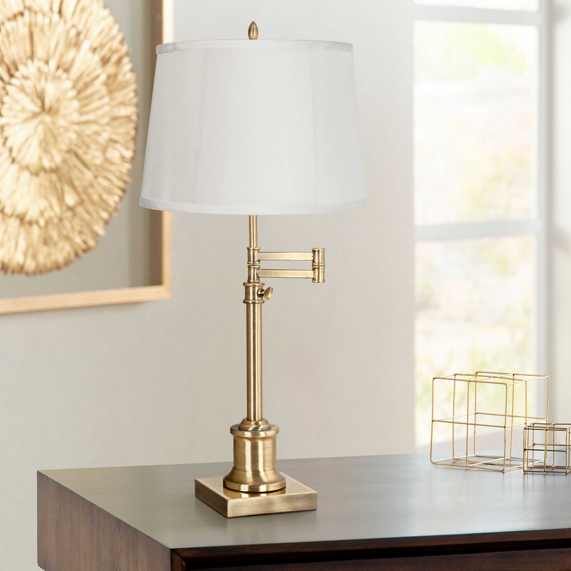 Westbury Beige Drum Shade Brass Swing Arm Desk Lamp