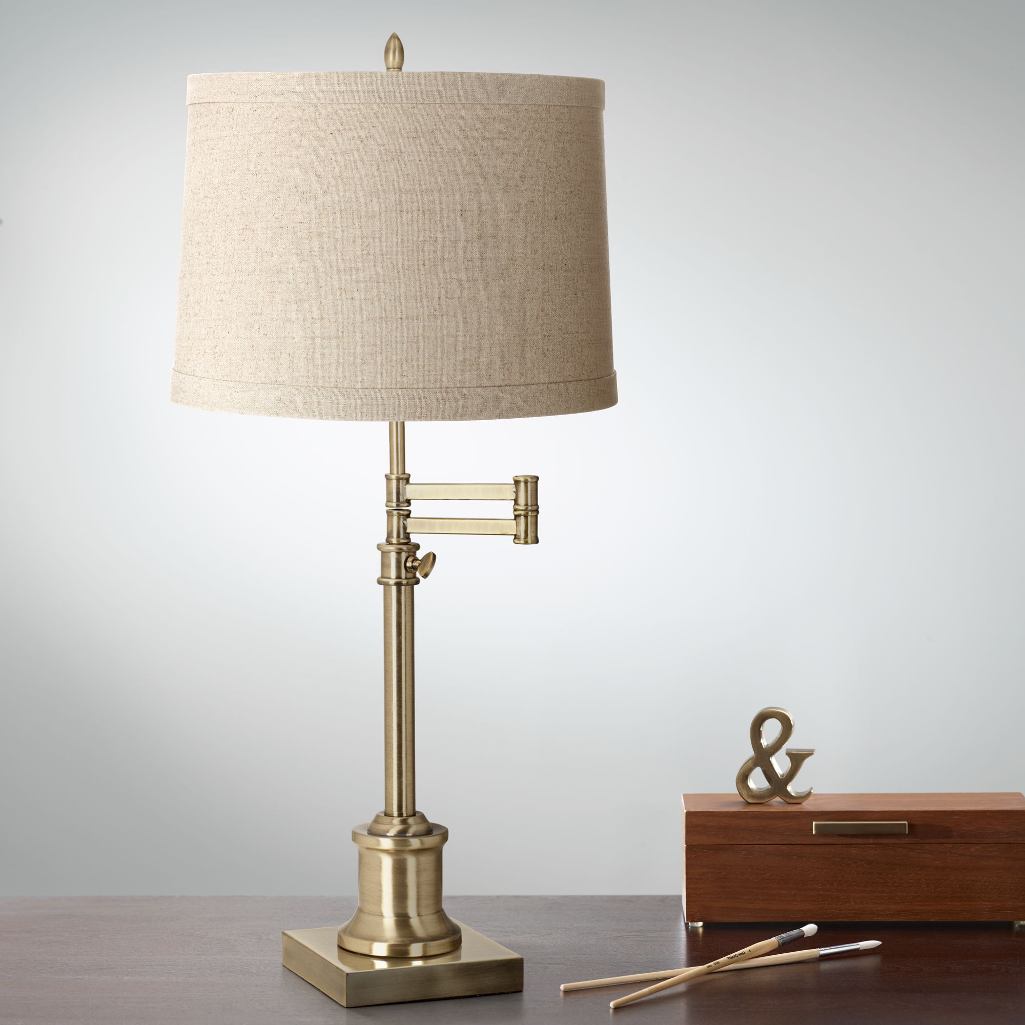 Westbury Natural Linen Shade Brass Swing Arm Desk Lamp 17N94 Lamps