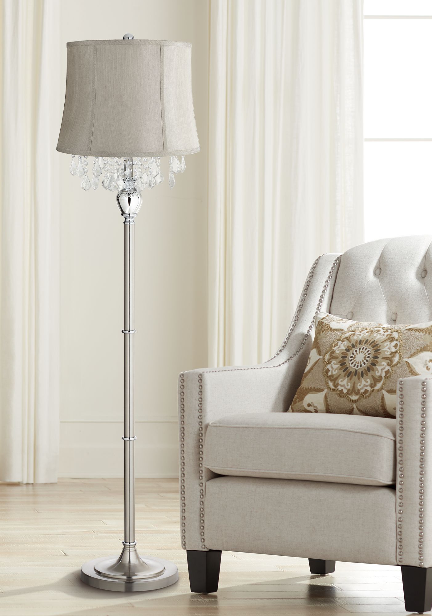 Crystals Gray Shade Brushed Nickel Floor Lamp