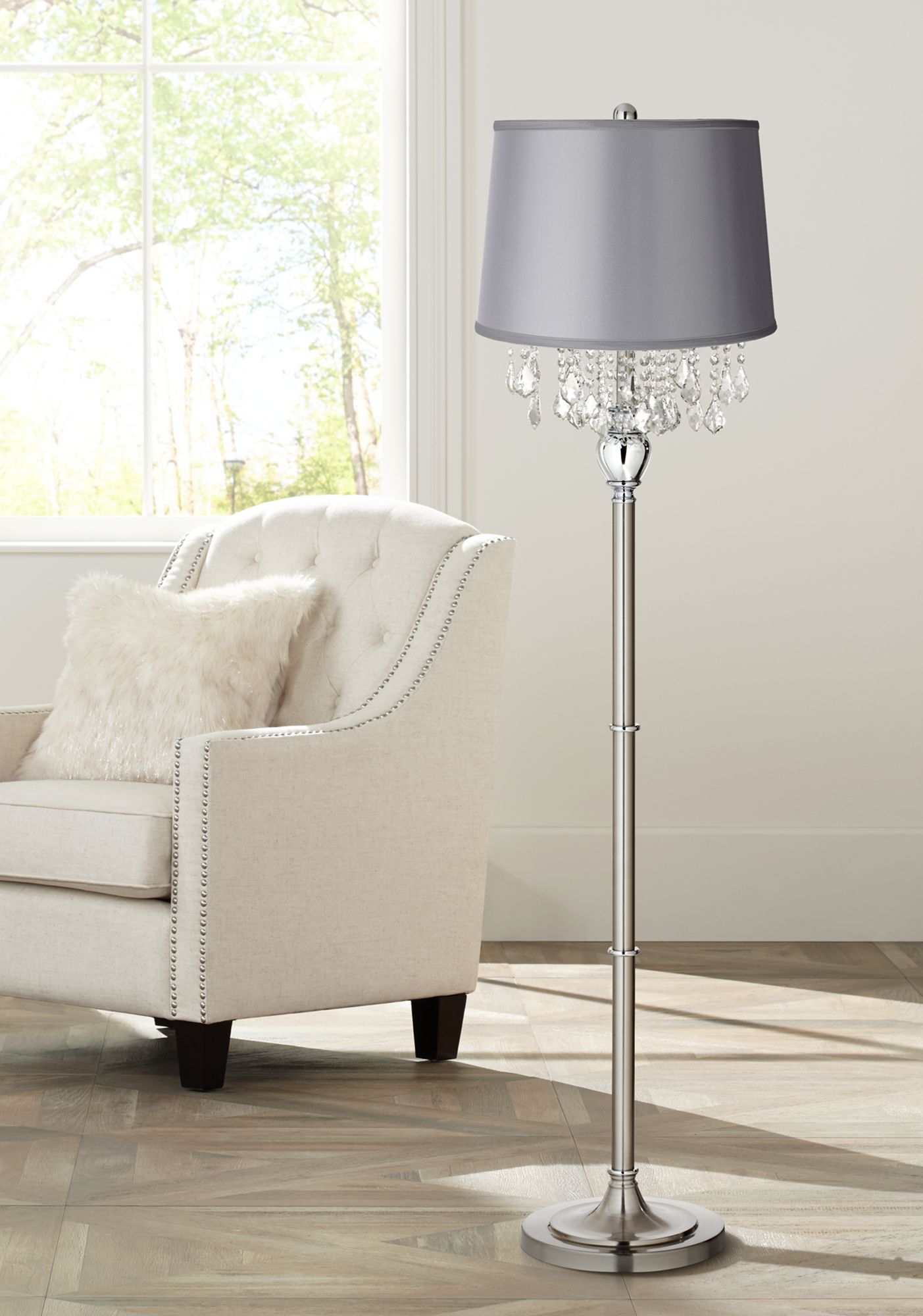 Crystals Light Gray Satin Shade Brushed Nickel Floor Lamp