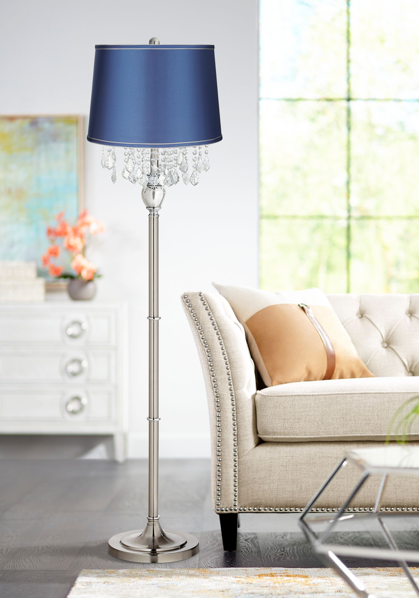Crystals Medium Blue Satin Shade Brushed Nickel Floor Lamp