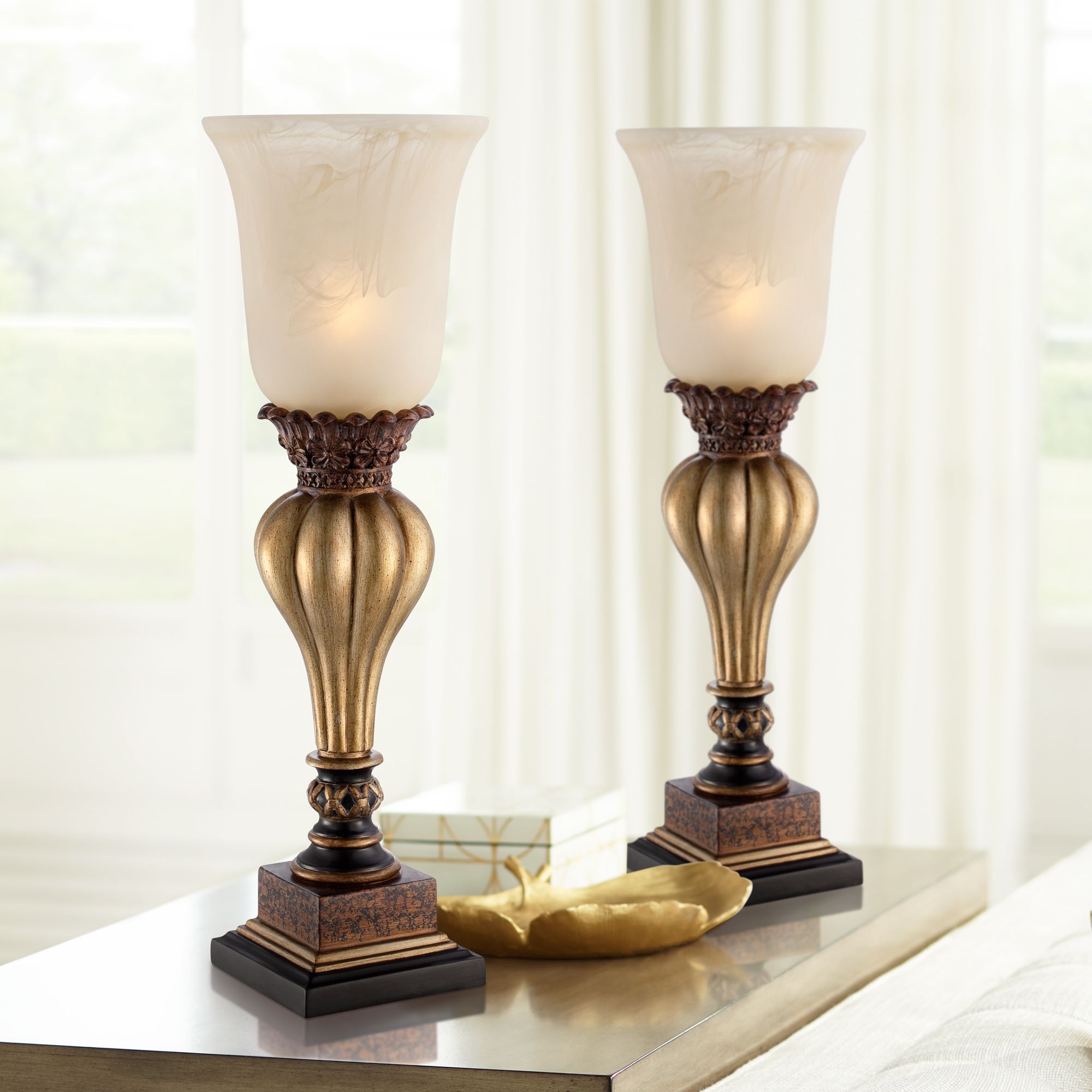 Sattley Alabaster Glass Gold Console Lamp Set of 2 17P73 Lamps Plus