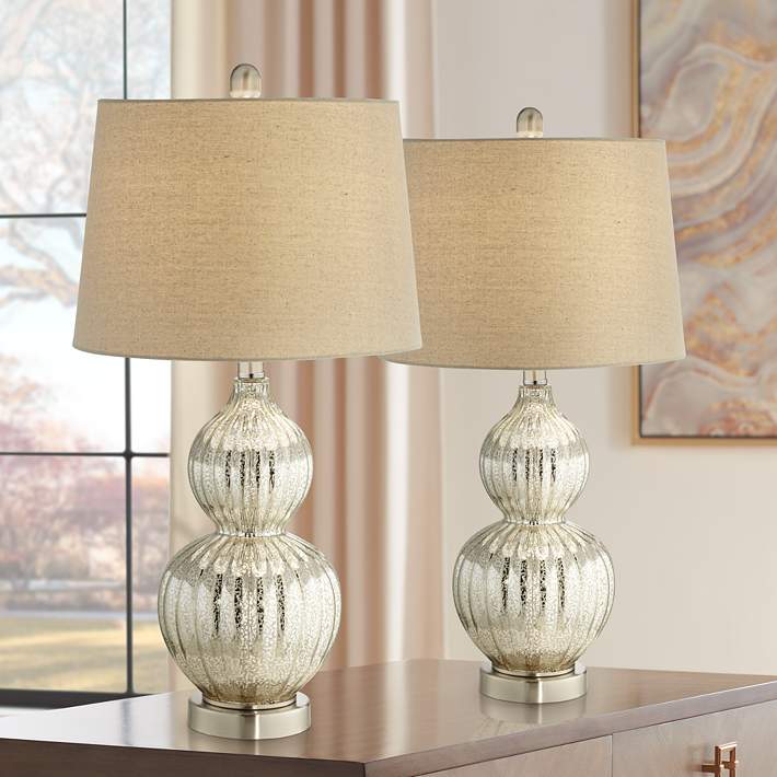 Lili Fluted Mercury Glass Table Lamp, Silver Mercury Glass Round Table Lamp