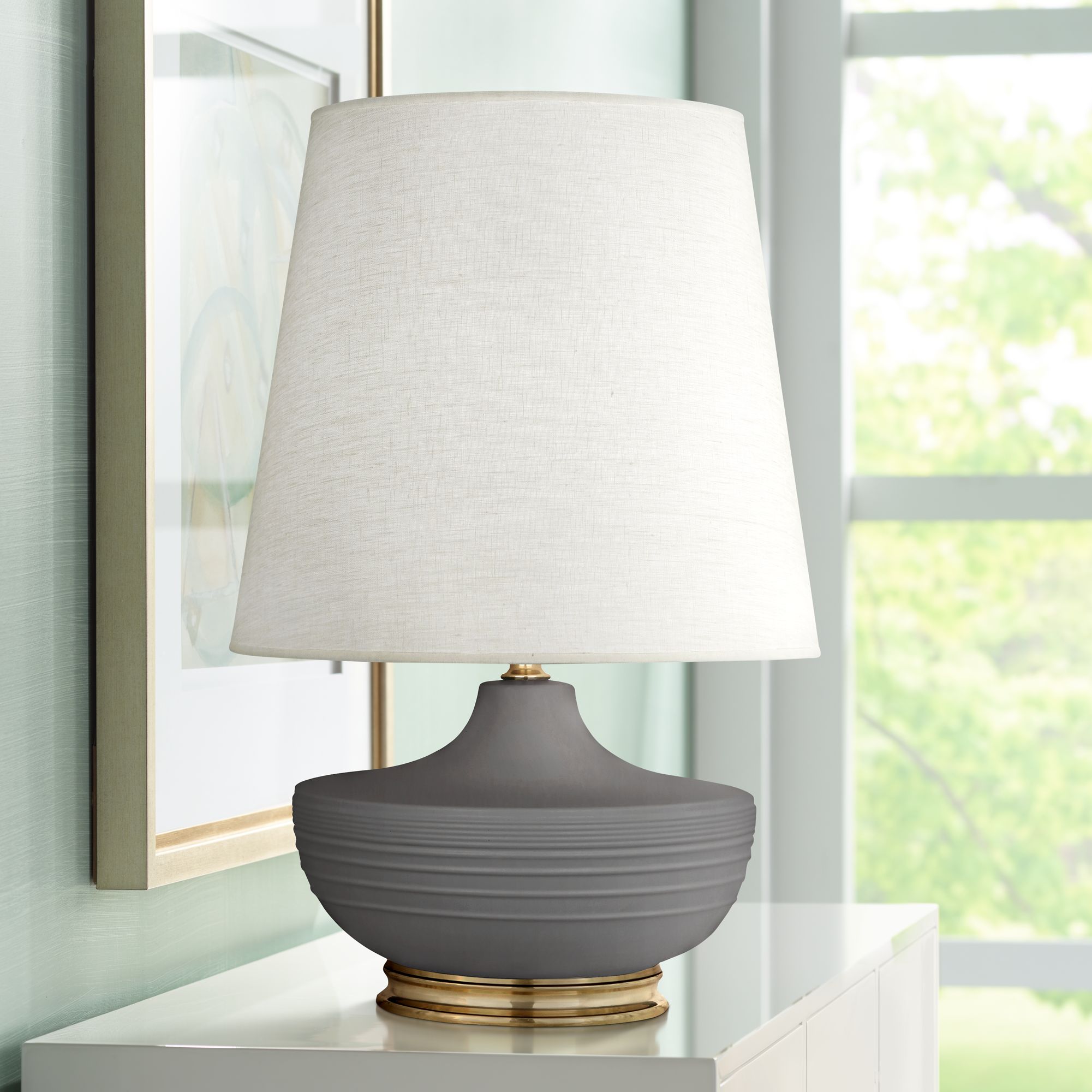 Michael Berman Nolan Brass and Ash Gray Ceramic Table Lamp