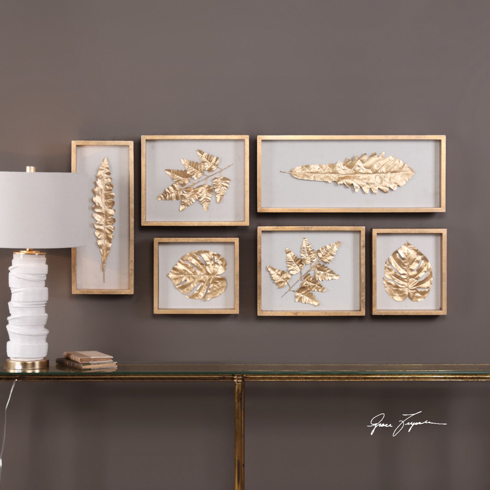 Golden Leaves 6Piece Shadow Box Framed Wall Art Set 19D76 Lamps Plus