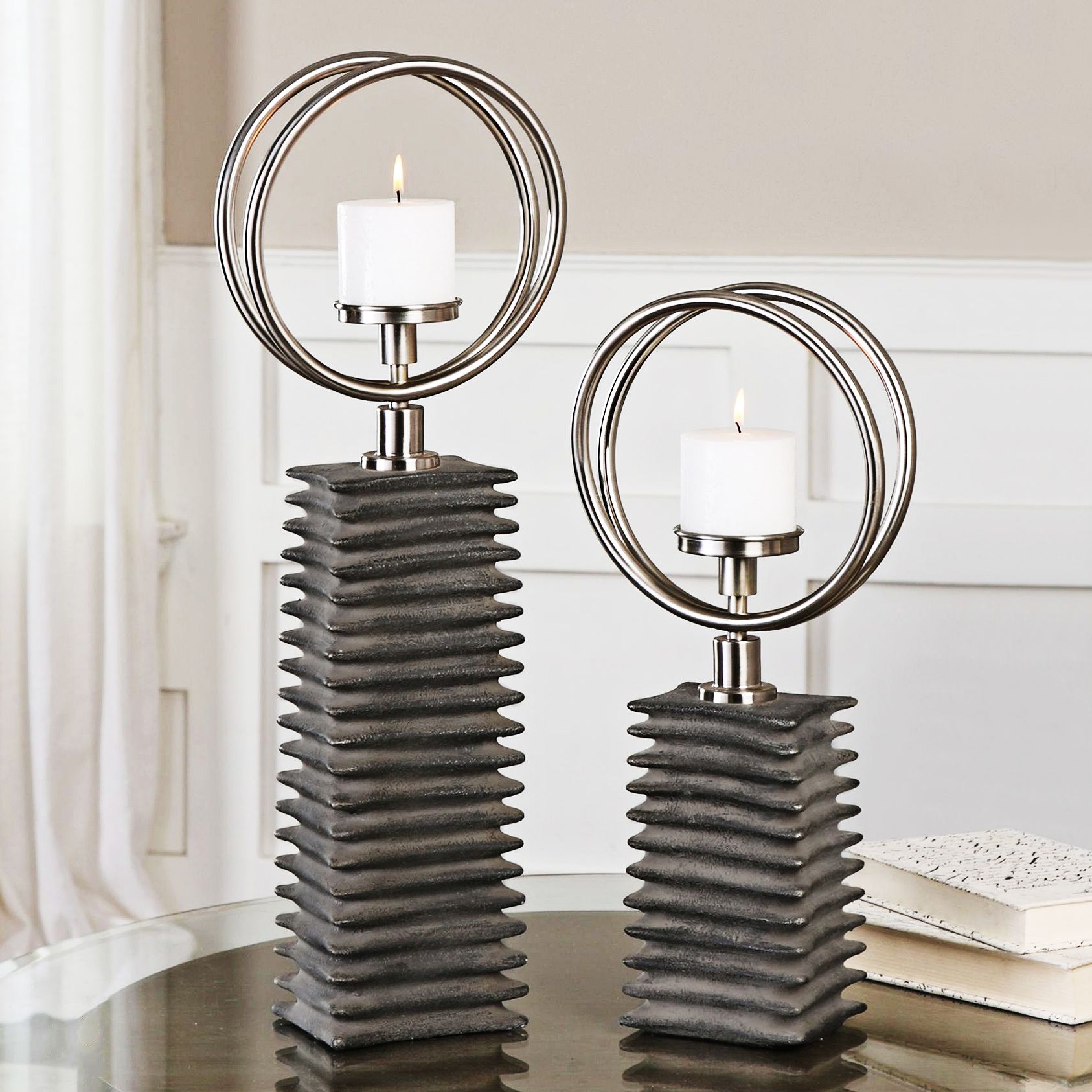 Eugenio Aged Black Ceramic 2Piece Pillar Candle Holder Set 19D86
