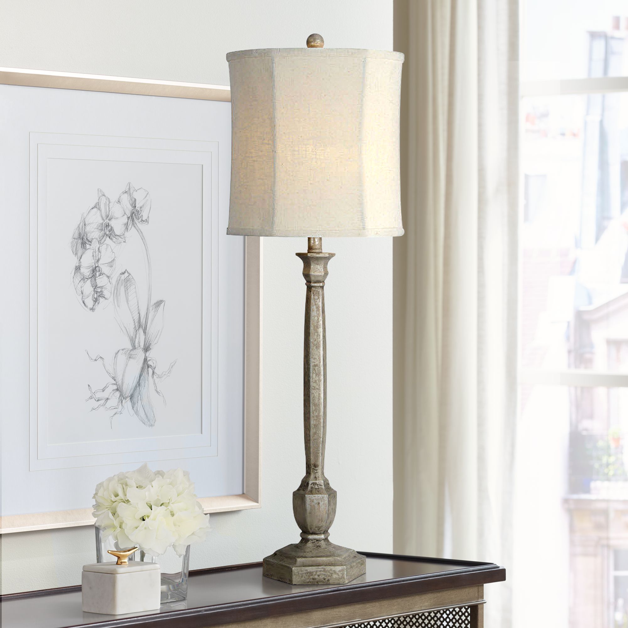 Forty West Ryder Pewter-Silver Leaf Tall Candlestick Buffet Lamp