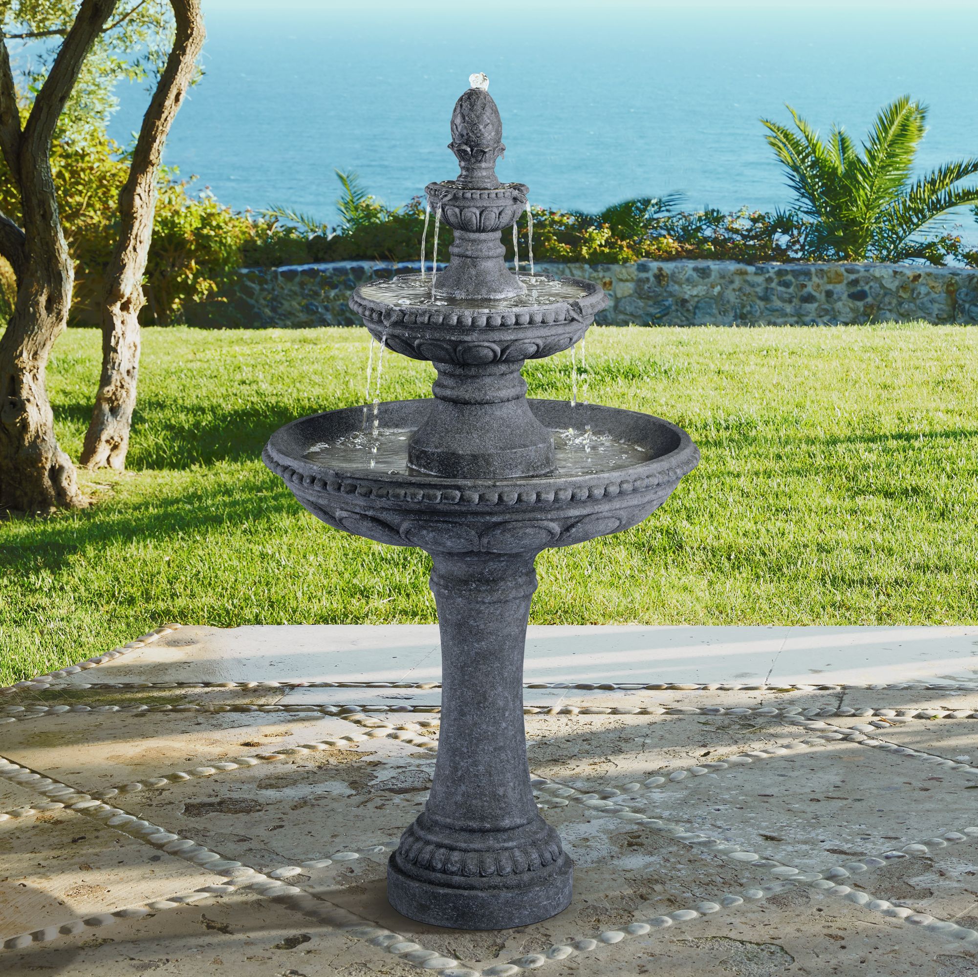 Pineapple 44" High Grey Stone 3-Tier Outdoor Fountain