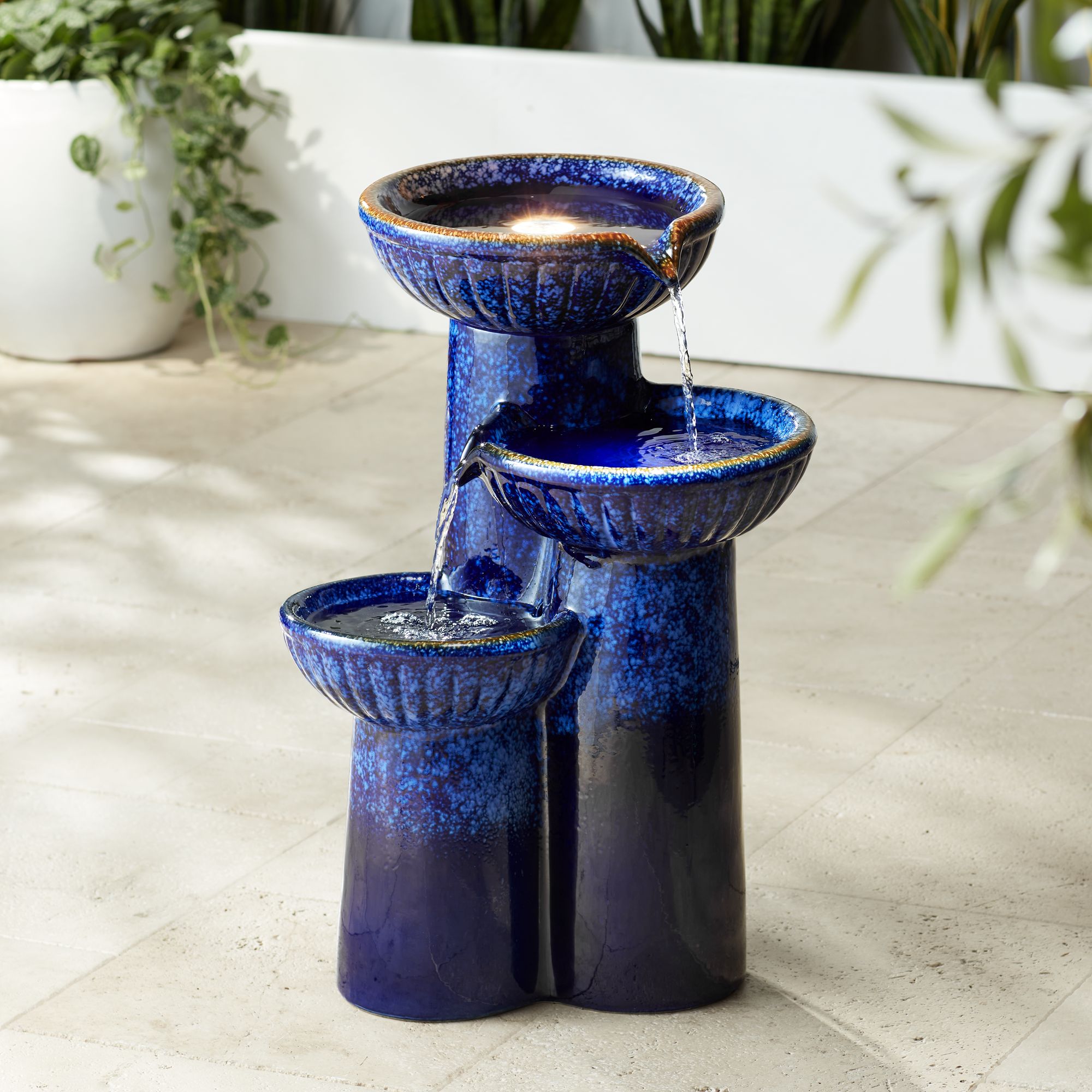 3Bowl 26 3/4" High Blue Cobalt Ceramic LED Fountain 1G452 Lamps Plus