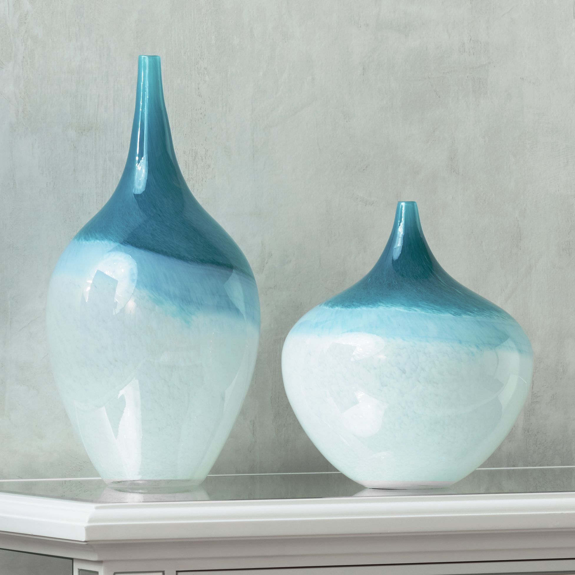 Uttermost Carla Teal Green and White 2-Piece Glass Vase Set