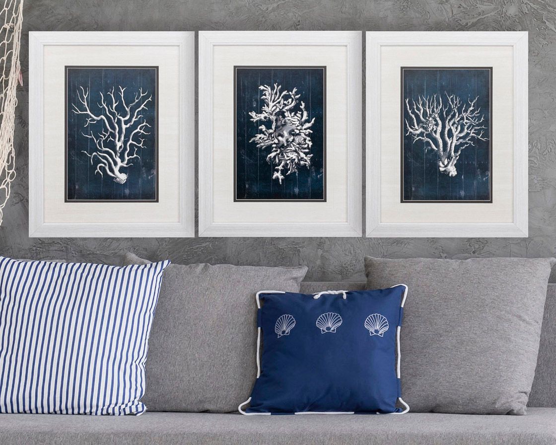 Wood Coral Blue 3Piece 26" High Frame Wall Art Set 1H929 Lamps Plus