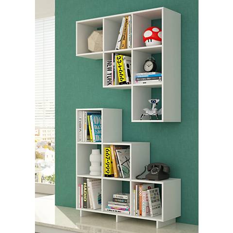 Cascavel 6-Shelf White Wood Stair Cubby Bookcase
