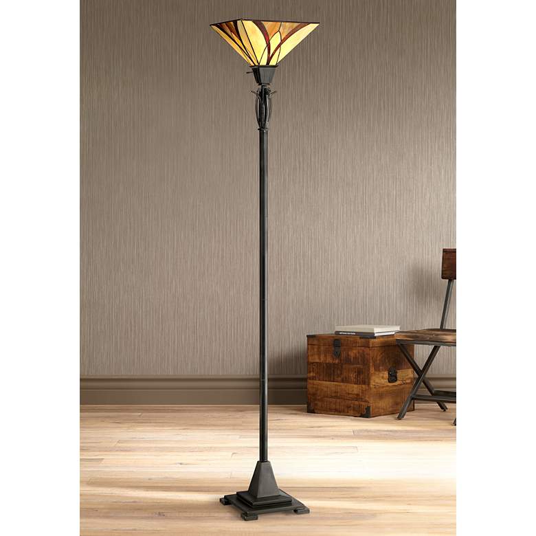 Quoizel Asheville Valiant Bronze Tiffany-Style Torchiere Floor Lamp