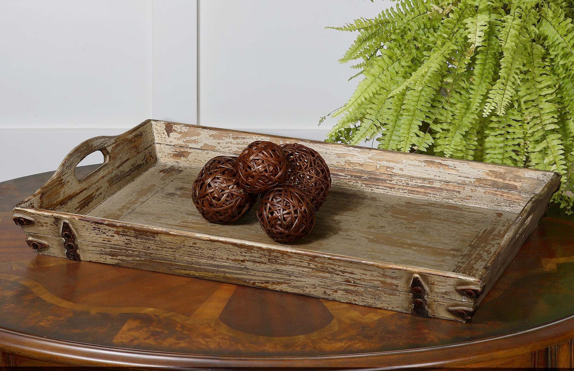 Uttermost Abila Distressed Cream Antique Bronze Wood Tray